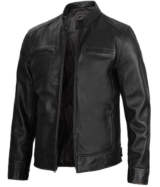 Men’s Black Lambskin Leather Cafe Racer Jacket – Slim Fit Motorcycle Style