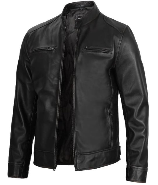 Men’s Black Lambskin Leather Cafe Racer Jacket – Slim Fit Motorcycle Style