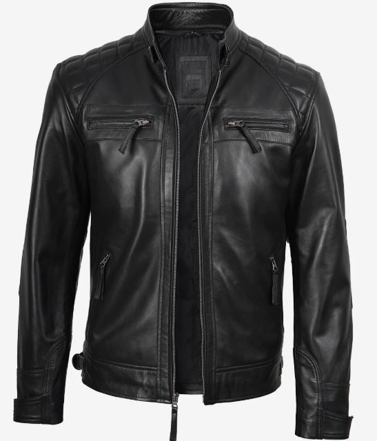 Men’s Black Real Lambskin Leather Cafe Racer Jacket – Diamond Stitch Shoulders All-Season Style
