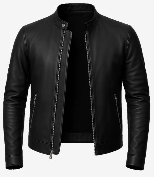 Owen Men’s Black Cafe Racer Leather Jacket – Real Lambskin with Snap-Tab Collar