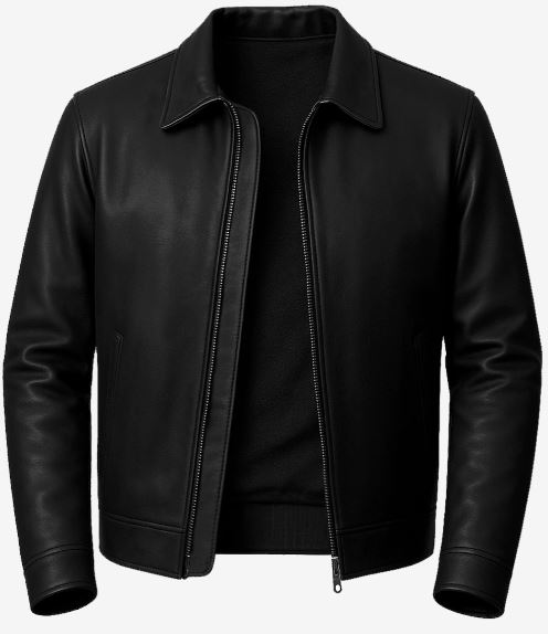 Tony Men’s Black Harrington Leather Jacket – Real Lambskin with Shirt Collar & Zip Closure