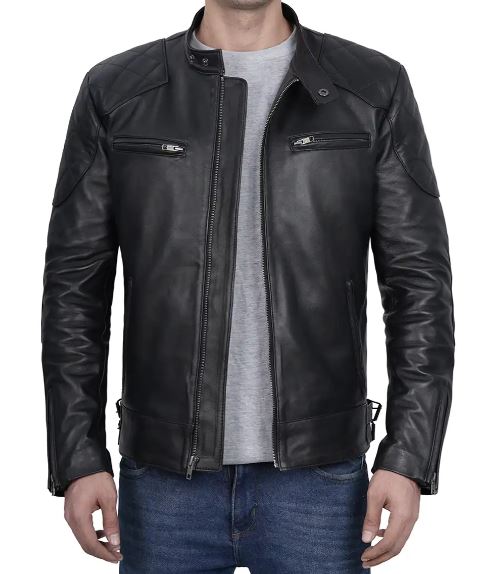Men's Black Cafe Racer Quilted Leather Jacket – Real Lambskin, Beckham-Inspired Biker Style