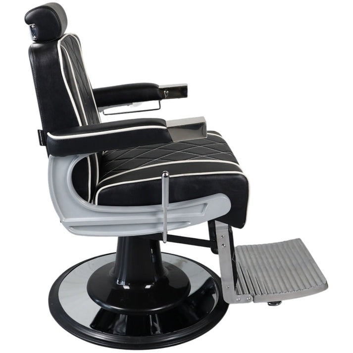 Elegant Black & Silver Barber Chair – Diamond-Stitched Reclining Salon Chair