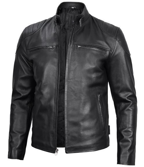 Men’s Black Real Leather Cafe Racer Jacket – Lambskin Moto Style with Shoulder Padding