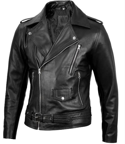Men's Black Belted Moto Leather Jacket – Genuine Lambskin Biker Style