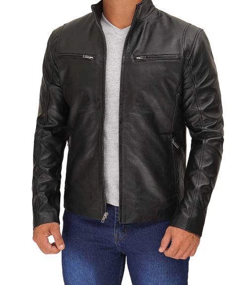 Men’s Black Cafe Racer Leather Jacket – Real Lambskin with Zipper Pockets & Stand Collar