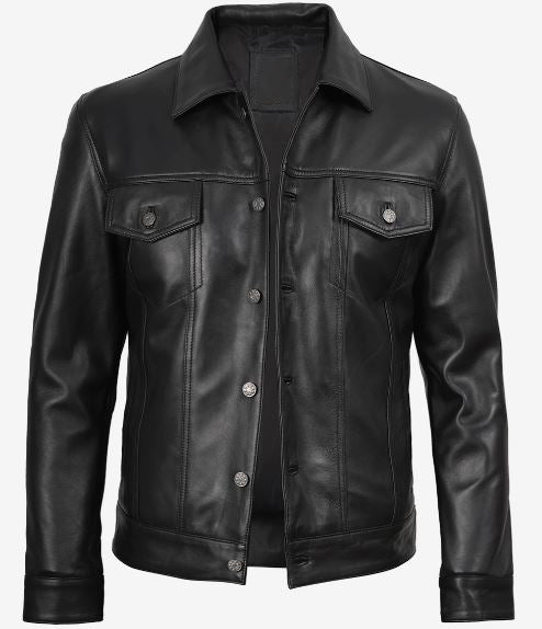 Fernando Men’s Black Lambskin Leather Trucker Jacket – Button-Up Real Leather Classic
