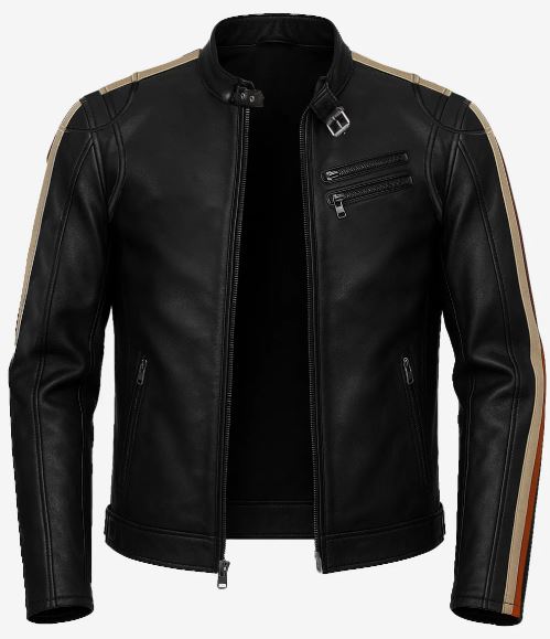 Men’s Black Biker Leather Jacket – Double Contrast Shoulder Stripes, Real Lambskin