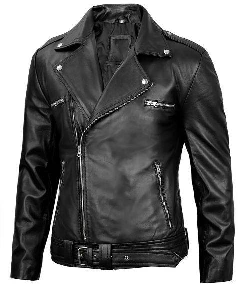 Negan Men’s Black Leather Biker Jacket – Asymmetrical Zipper Real Lambskin