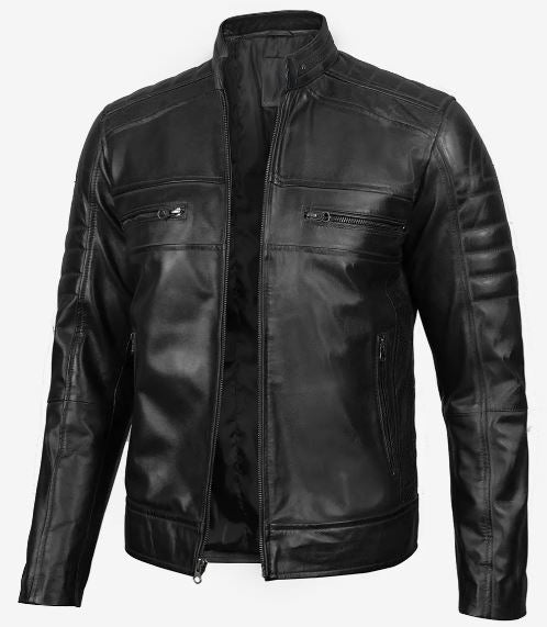 Men’s Black Lambskin Leather Cafe Racer Jacket – Real Leather, Slim Fit Biker Style