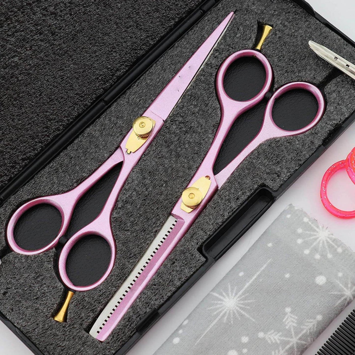 Professional 6.0" Barber Scissors Hair Cutting & Thinning Salon Shears – Pink Set