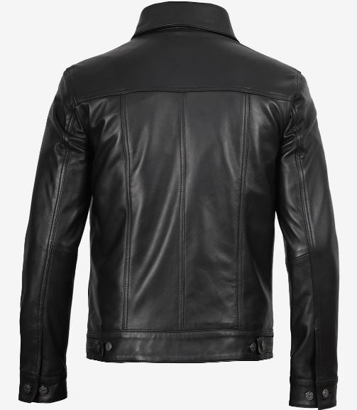 Fernando Men’s Black Lambskin Leather Trucker Jacket – Button-Up Real Leather Classic