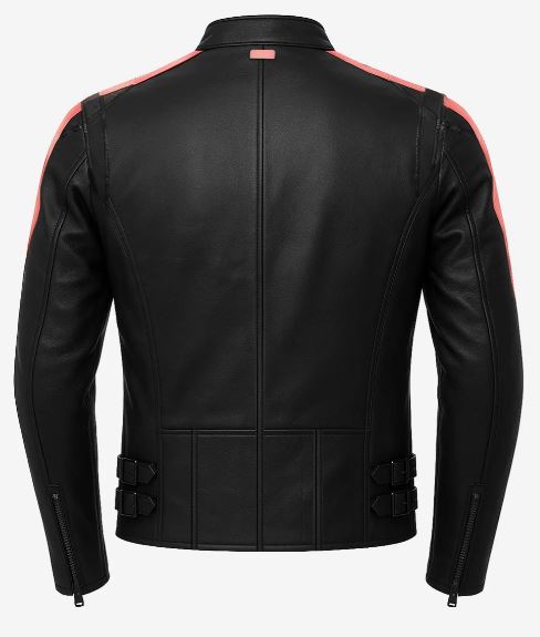 Men’s Black Biker Leather Jacket – Double Contrast Shoulder Stripes, Real Lambskin