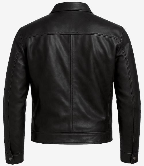 Owen Men’s Black Cafe Racer Leather Jacket – Real Lambskin with Snap-Tab Collar