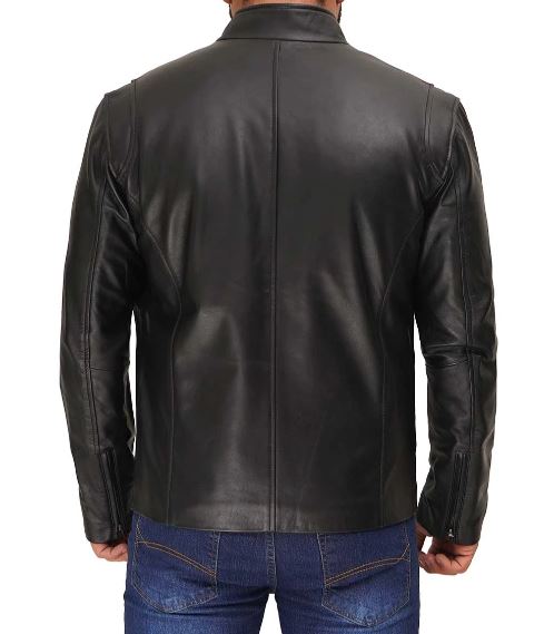 Men’s Black Cafe Racer Leather Jacket – Real Lambskin with Zipper Pockets & Stand Collar