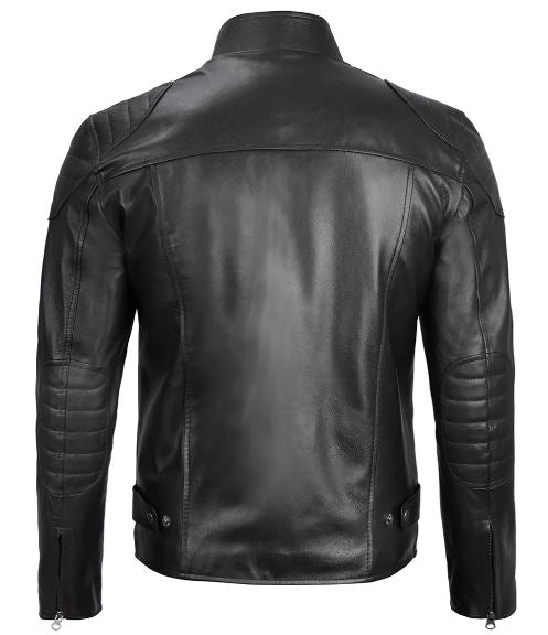 Men’s Black Real Leather Cafe Racer Jacket – Lambskin Moto Style with Shoulder Padding