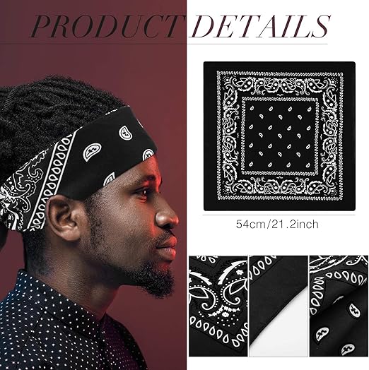 Paisley Unisex Scarf Black Bandana – 100% Cotton Headband for Men & Women, 22"x22"