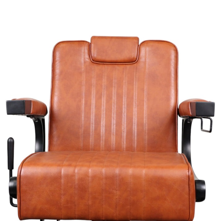 Barber Chair - Retro Camel & Black Accents Adjustable Headrest & Premium Leather