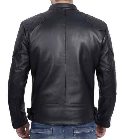 Men's Black Cafe Racer Quilted Leather Jacket – Real Lambskin, Beckham-Inspired Biker Style