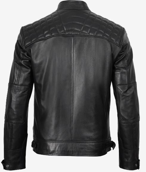 Men’s Black Real Lambskin Leather Cafe Racer Jacket – Diamond Stitch Shoulders All-Season Style