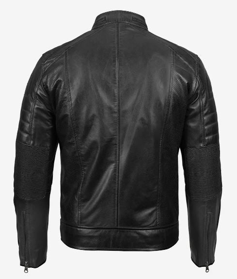 Men’s Black Lambskin Leather Cafe Racer Jacket – Real Leather, Slim Fit Biker Style