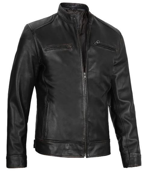 Men’s Black Lambskin Leather Cafe Racer Jacket – Slim Fit Motorcycle Style