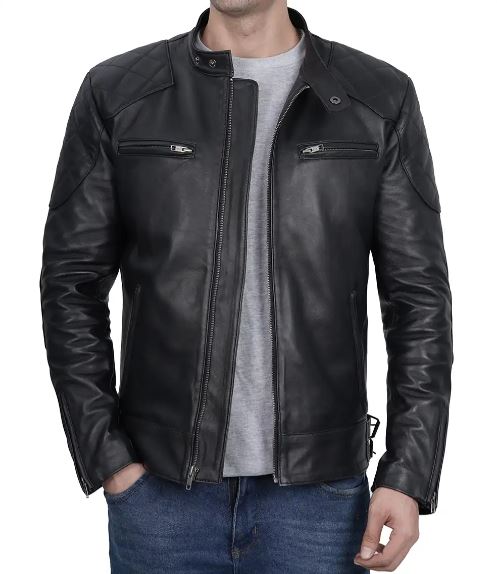 Men's Black Cafe Racer Quilted Leather Jacket – Real Lambskin, Beckham-Inspired Biker Style