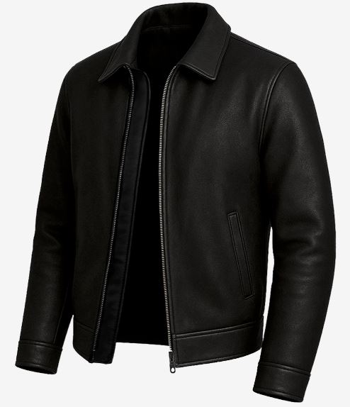 Tony Men’s Black Harrington Leather Jacket – Real Lambskin with Shirt Collar & Zip Closure