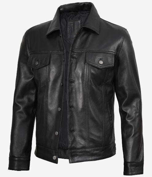 Fernando Men’s Black Lambskin Leather Trucker Jacket – Button-Up Real Leather Classic