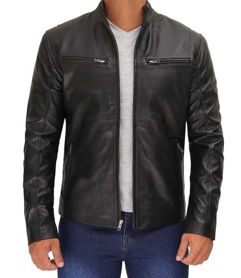Men’s Black Cafe Racer Leather Jacket – Real Lambskin with Zipper Pockets & Stand Collar