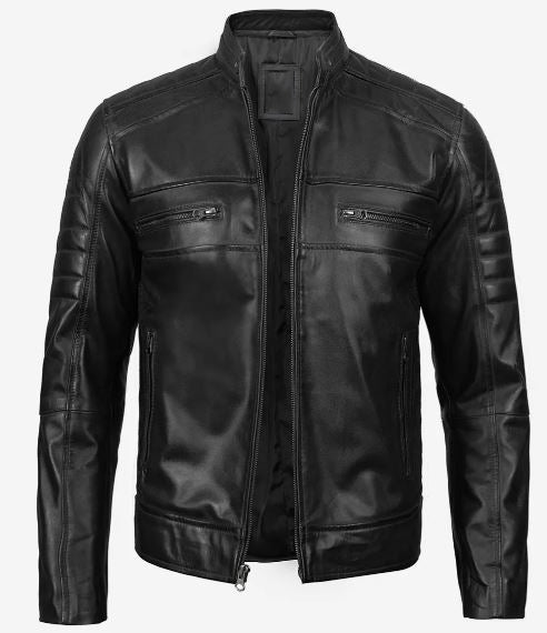 Men’s Black Lambskin Leather Cafe Racer Jacket – Real Leather, Slim Fit Biker Style