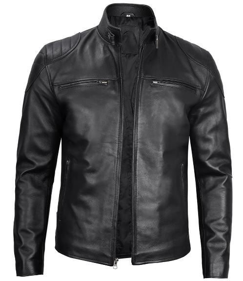 Men’s Black Real Leather Cafe Racer Jacket – Lambskin Moto Style with Shoulder Padding