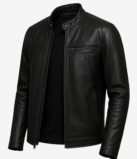 Bickford Men’s Black Leather Biker Jacket – Real Lambskin with Snap-Tab Collar