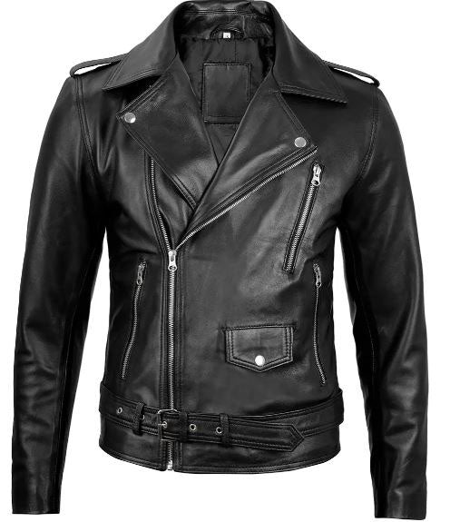 Men's Black Belted Moto Leather Jacket – Genuine Lambskin Biker Style