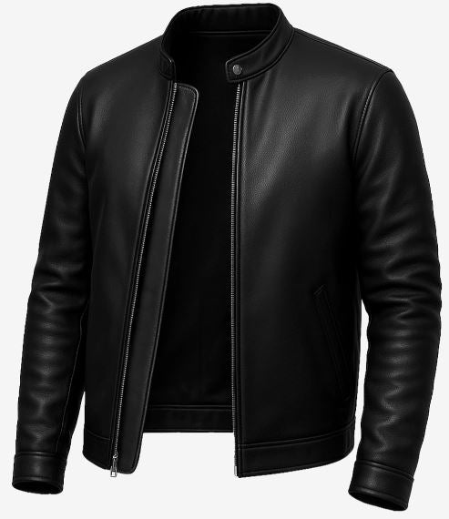 Owen Men’s Black Cafe Racer Leather Jacket – Real Lambskin with Snap-Tab Collar