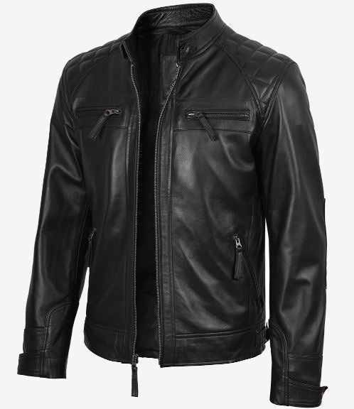 Men’s Black Real Lambskin Leather Cafe Racer Jacket – Diamond Stitch Shoulders All-Season Style