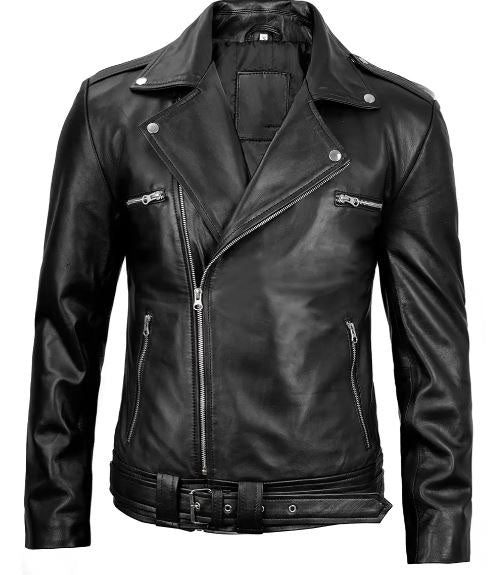 Negan Men’s Black Leather Biker Jacket – Asymmetrical Zipper Real Lambskin