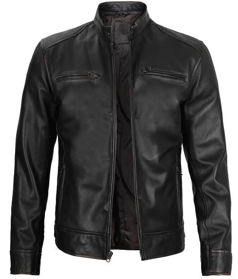 Men’s Black Lambskin Leather Cafe Racer Jacket – Slim Fit Motorcycle Style