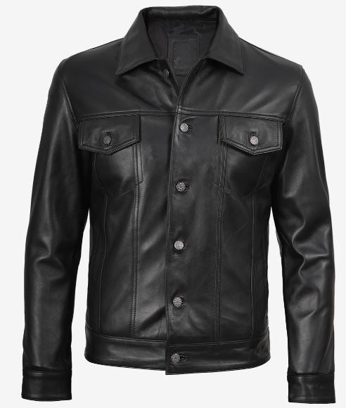 Fernando Men’s Black Lambskin Leather Trucker Jacket – Button-Up Real Leather Classic