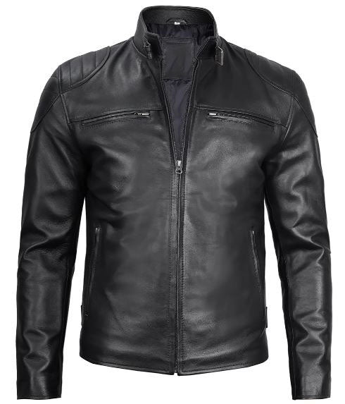 Men’s Black Real Leather Cafe Racer Jacket – Lambskin Moto Style with Shoulder Padding
