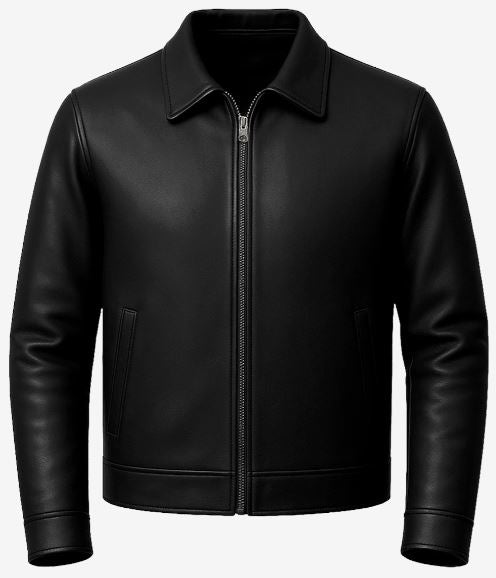 Tony Men’s Black Harrington Leather Jacket – Real Lambskin with Shirt Collar & Zip Closure