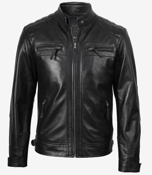 Men’s Black Real Lambskin Leather Cafe Racer Jacket – Diamond Stitch Shoulders All-Season Style