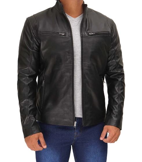 Men’s Black Cafe Racer Leather Jacket – Real Lambskin with Zipper Pockets & Stand Collar