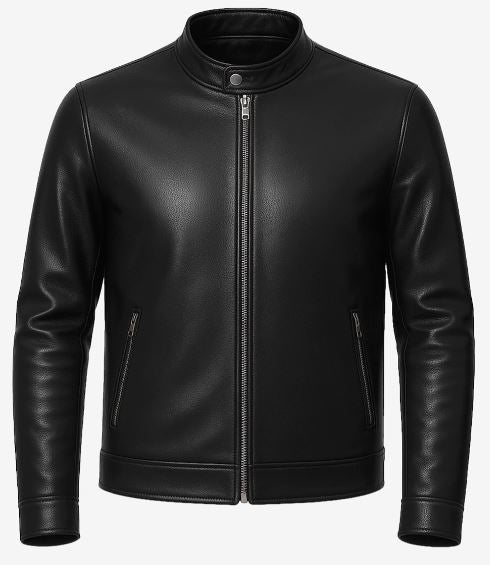 Owen Men’s Black Cafe Racer Leather Jacket – Real Lambskin with Snap-Tab Collar