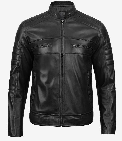 Men’s Black Lambskin Leather Cafe Racer Jacket – Real Leather, Slim Fit Biker Style