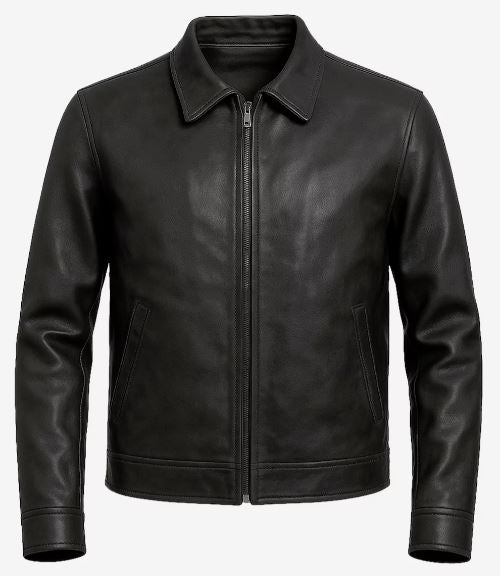 Classic Harrington Men’s Black Leather Jacket – Real Lambskin with Minimalist Design