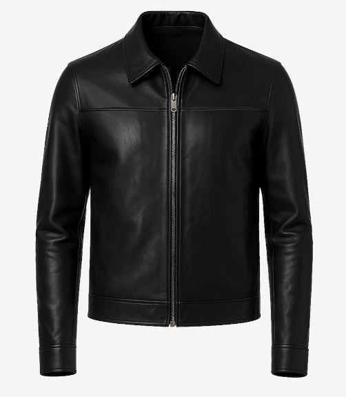 Mark Men’s Black Harrington Leather Jacket – Real Lambskin with Shirt Collar & YKK Zip