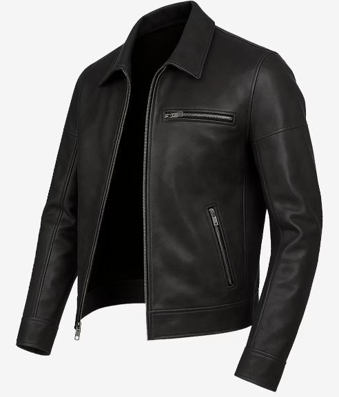 Neville Men’s Black Harrington Leather Jacket – Real Lambskin with Chest Pocket