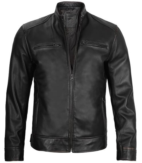 Men’s Black Lambskin Leather Cafe Racer Jacket – Slim Fit Motorcycle Style