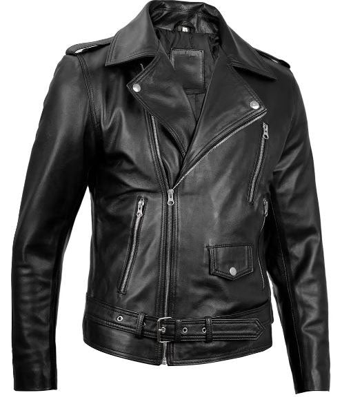 Men's Black Belted Moto Leather Jacket – Genuine Lambskin Biker Style